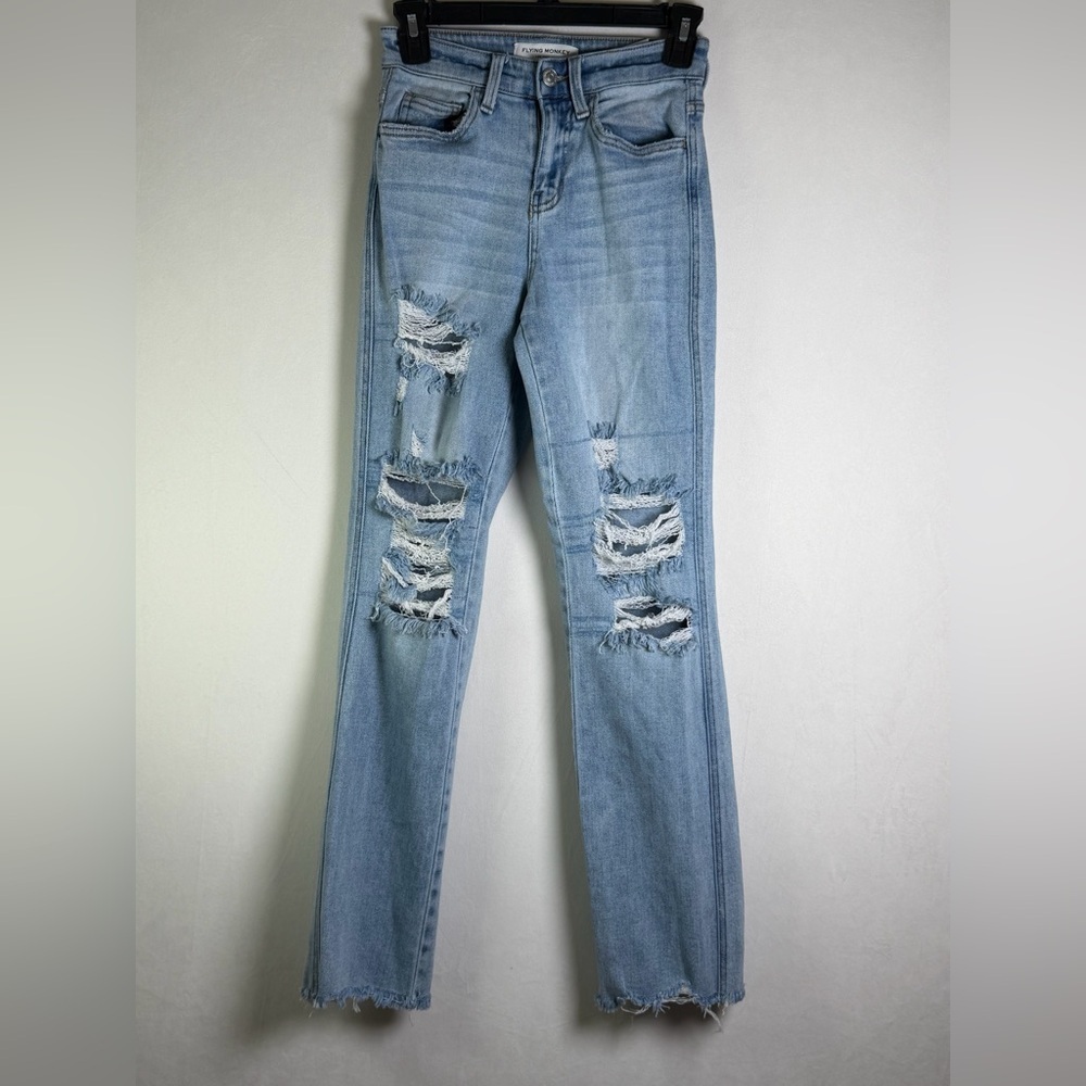 Flying Monkey Women High Rise Straight Jean Sz 23x29 Distressed Cropped Raw Hem - Picture 1 of 6